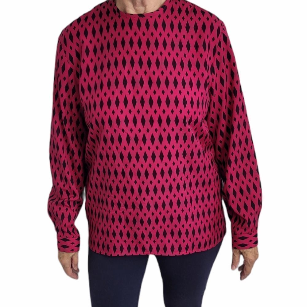 VINTAGE 90s blouse‎ fuschia diamond printed long sleeve M